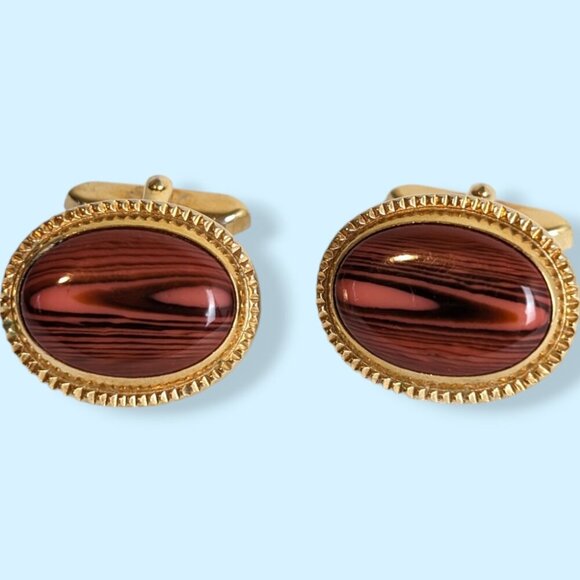 Vintage Faux Wood Oval Cufflinks - Picture 1 of 4